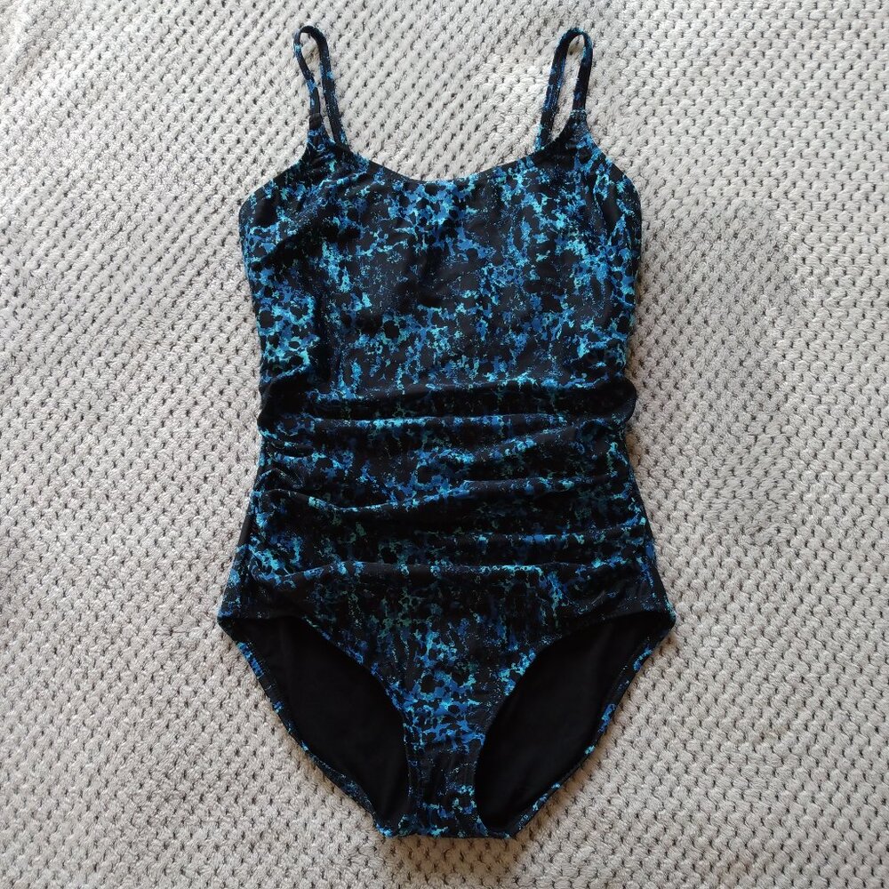 Speedo Ruched Blue Black Animal Print One Piece Swimsuit Women's Size 6